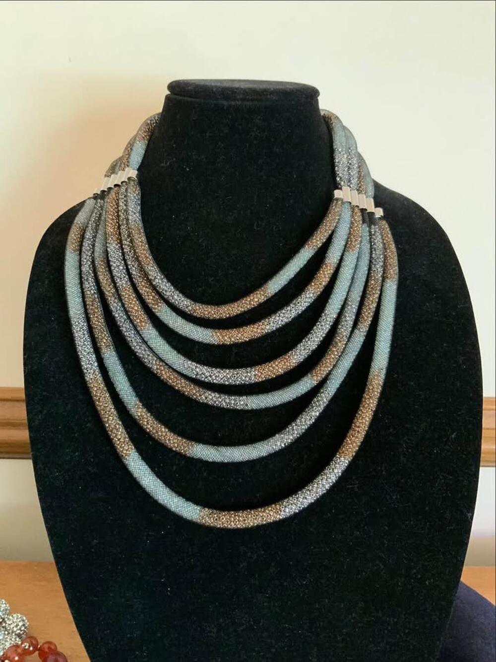 Joan Rivers Multi Strand Metallic Mesh Necklace Blue Gunmetal Statement Jewelry